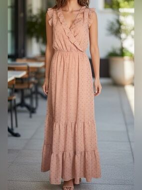 Express Dusty Rose Maxi Dress XS Ruffle Metallic Accent Elastic Waist